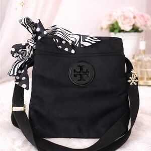 Tory Burch Perry Black Crossbody Bag with Patent Trim & Front Pocket